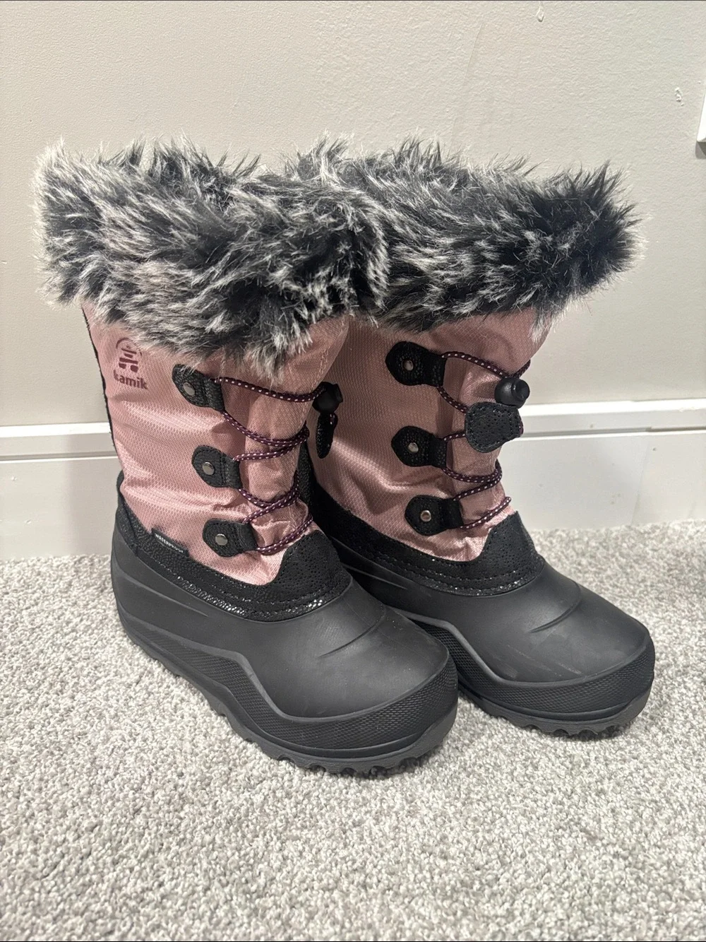 Kamik Pink and Black Kids Fur-Trim Snow Boots